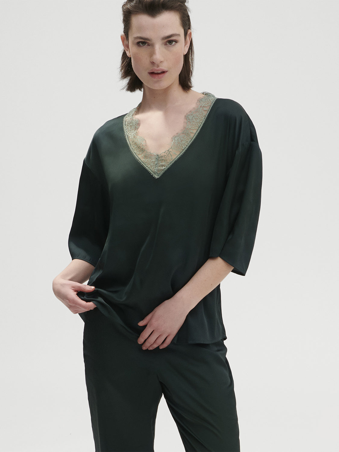 Satin Secrets Short Sleeve Top - Kolsaï Green