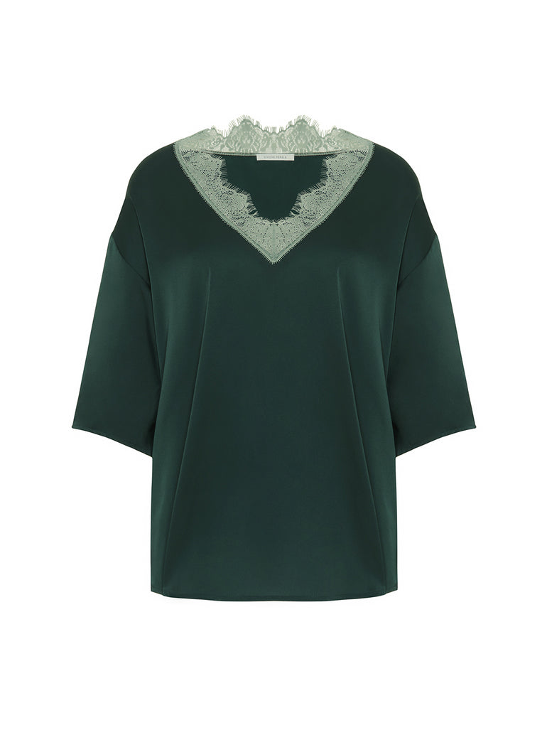 Satin Secrets Short Sleeve Top - Kolsaï Green