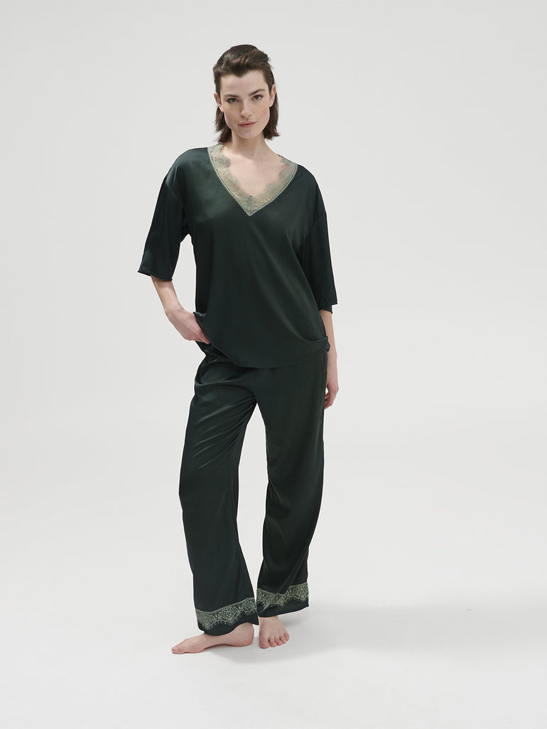 Satin Secrets Short Sleeve Top - Kolsaï Green